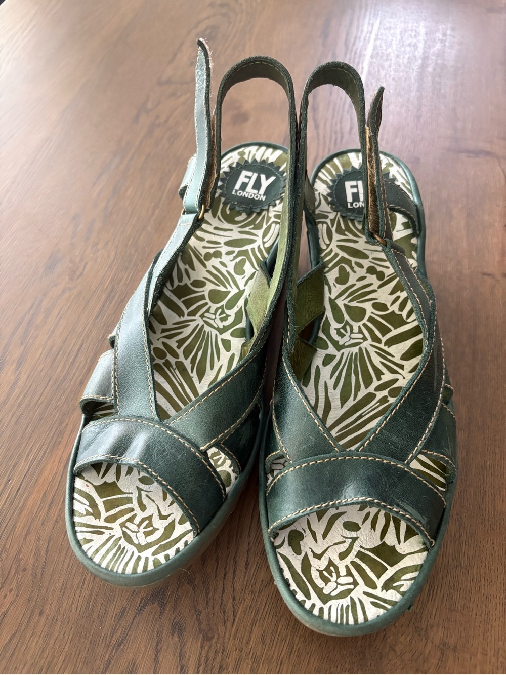 Fly London Teal Green Leather Slingback Wedge Sandals - Picture 2 of 2